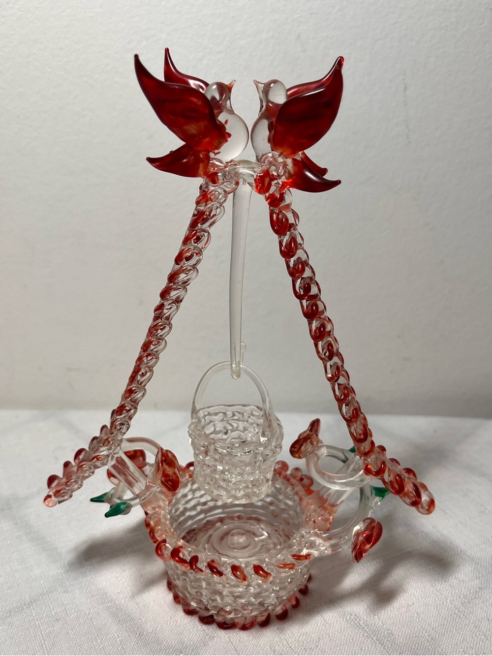 Vintage Spun Glass Wishing Well Figurine with Red Lovebirds & Hanging Bucket